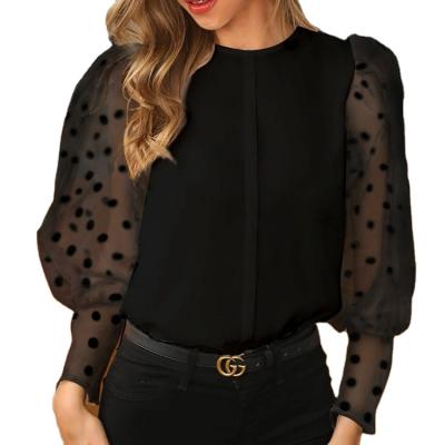 China Direct Selling Polka Dot Lantern Sleeve Anti-Shrink Merchant Elegant Ladies Lace Up Sweater for sale