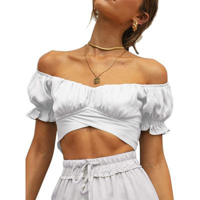 China QUICK DRY Women's Ruffle Short Sleeve Tie Up Back Crop Top Off The Shoulder Bardot Blouse for sale