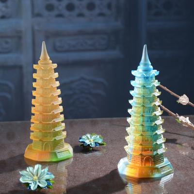 China Natural Model Liuli Feng Shui Religious Craft of Crystal Hand-Carved Tower Pyramid Building from Japan Factory Supply for sale