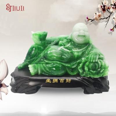 China Hot Casting China Polyresin Carved Green Maitreya Statues Pocket Liar Buddha Office Laughing Office Blessing Art for sale