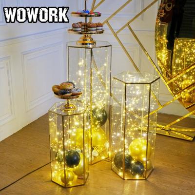 China 2021 WOWORK Fushun Waterproof Round Cake Stand Wedding Decoration Gold Frame Cylinder Pedestals For Bride Shower Party for sale