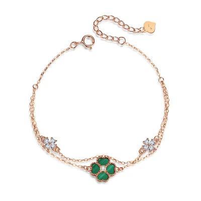 China Hot Selling High Quality Real 18K Gold Women's Four Leaf Clover Malachite Bracelet With Diamonds for sale