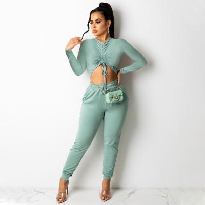 China Breathable China Factory Crop Top And Solid Two Piece Fashionable Pant Set Autumn for sale