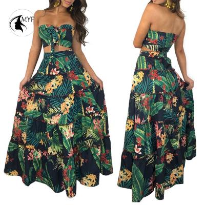 China QUICK DRY Strapless Two Piece Dress Girl's Long Maxi Dress Print Beach Set Skirt Beach Dress for sale