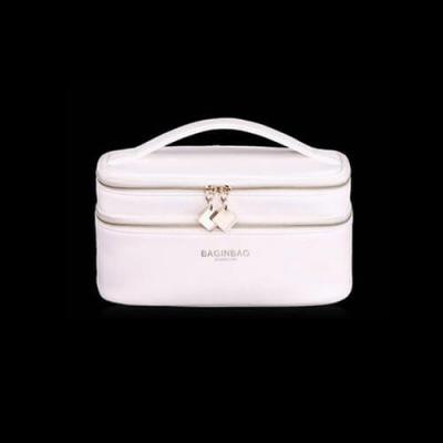 China Women White PU Leather Portable Double Layer Cosmetic Bags For Toiletry Packing for sale