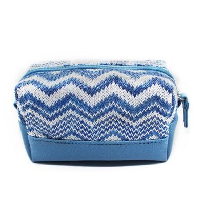 China Custom Blue Women Jute Leather Zipper Cosmetic Bags With Compartments for sale