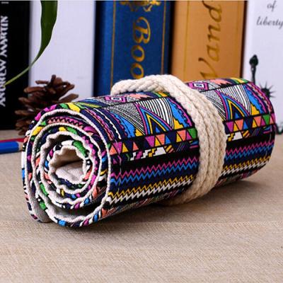 China Roll - Up Canvas Student Pencil Pouches , Pencil Roll Case Cotton Rope Closure for sale