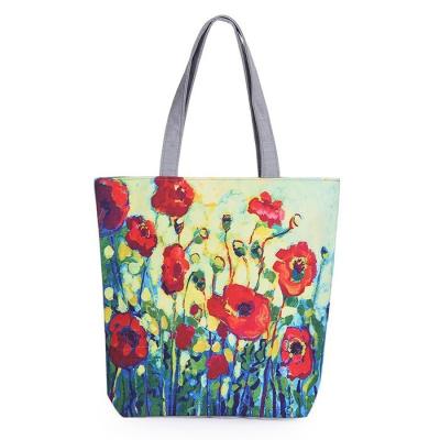 China Floral Printed Canvas Casual Womens Reusable Shopping Bags With Logo for sale