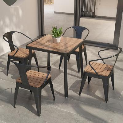 China Simple High Quality Minimalist Outdoor Garden Dining Metal Aluminum Frame Chair And Plastic Wood Table Furniture Set for sale