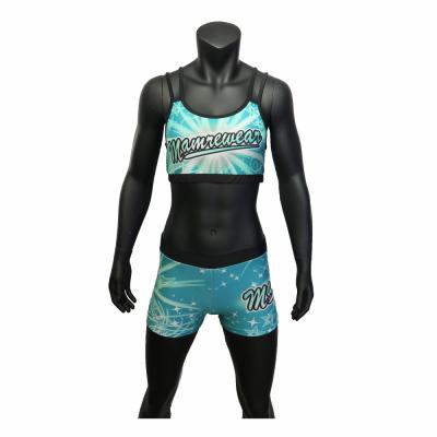 China Mamrewear Outstanding Teal Cheer Uniforms, Sublimation Cheer Shorts and Cheer Padded Sports Bra with Hole in the Back for sale