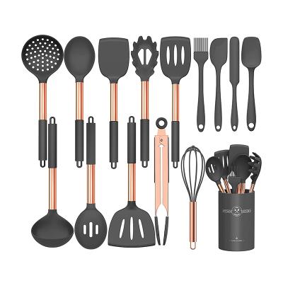 China Viable Silicone Non-Stick Cookware Beater Tools 15 Pcs Rose Gold Handle Gray Kitchen Cooking Utensil Set Supplier for sale