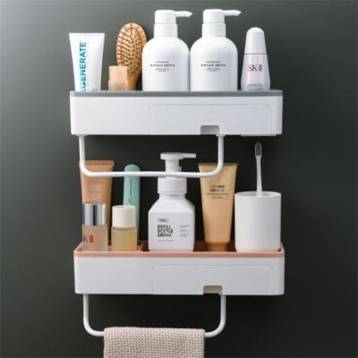 China Viable Free Punching Makeup Towel Storage Wall Hanging Shelves, Cosmetic Plastic Organizer Toiletry Bathroom Rack for sale