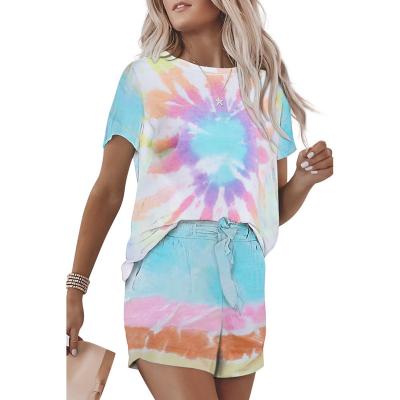 China QUICK DRY printed tie dye gradient color loungewear suits for best women short dress set women match two piece for sale