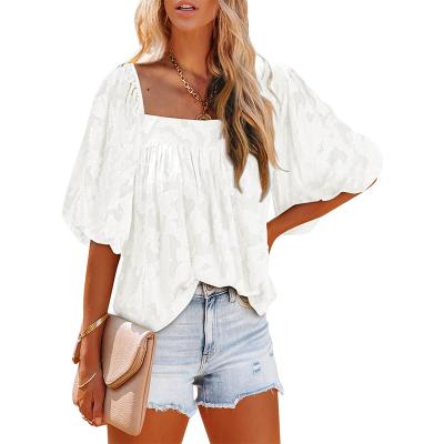 China Breathable Square Neck Chiffon Ladies Blouses Floral Lantern Sleeve Shirt Blouses For Women for sale