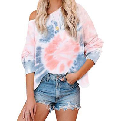 China Anti-Wrinkle Tie-Dye Gradient Off Shoulder Polyester T-Shirt New Loose Long Sleeves Plus Size Women's T-Shirts for sale