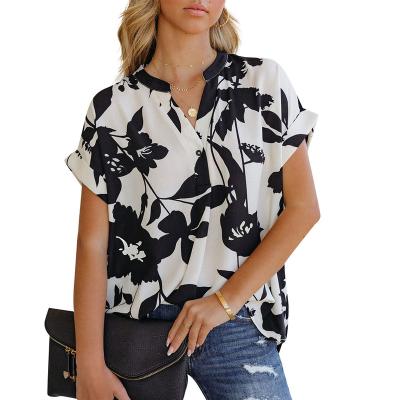 China 2022 summer breathable clothing loosely printed V-neck button short sleeve chiffon for women's blouses and shirts for sale