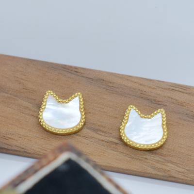 China Mother Of Pearl Cat Animal Stud Earrings Cute Vintage Gold Vermeil Jewelry S925 for sale