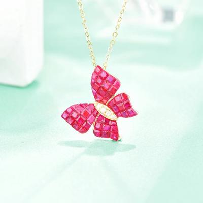 China Solid Gold Ruby Butterfly Pendant Necklace Tiny Cute Waterproof Jewelry 18K Au750 Real for sale