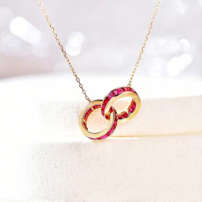 China Genuine OEM Cute Double Ring Red Ruby Pendant Pure 14K Gold Solid Jewelry Necklace for sale