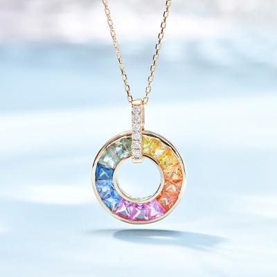 China Cute Women's Rainbow Stone Circle Around Real 18K Gold Pendant Necklace for sale