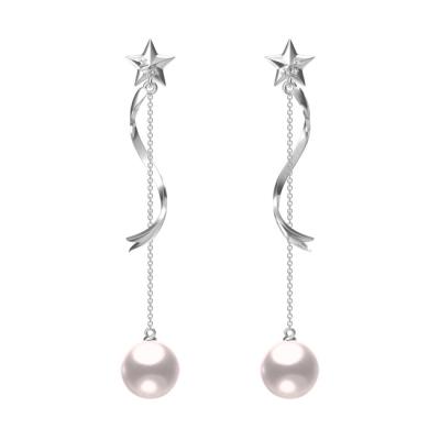 China 925 Sterling Silver Long Link Chain Elegant Wire Star Charm Bridal Pearl Drop Earrings for sale