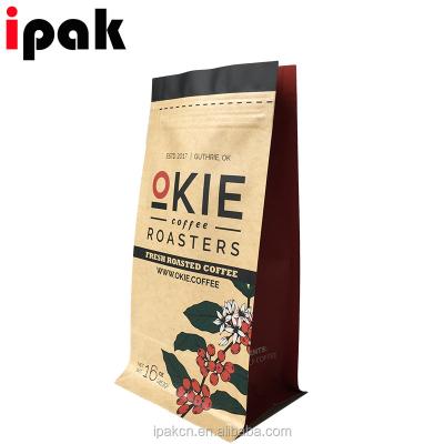 China High Quality Custom Printing Food Factory Kraft Paper Eight Side Seal Up Coffee Bean Packaging Bag With Zipper And Foil Lined Holder for sale