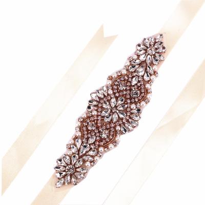 China Flatback Bridal Hand Beaded Crystal Rhinestones Appliques For Wedding Dress Sewing Sash Rose Gold Beaded LZ1008 for sale