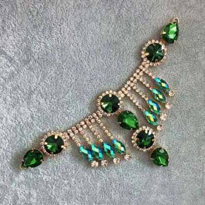 China Green Flatback 6.5*16CM AB Patch Sewing Sash Resin Rhinestone Applique Bridal Trimming for sale