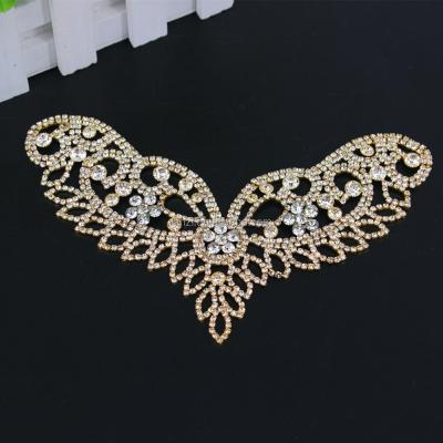 China Flatback Gold Wing Rhinestone Applique V Neckline Glass Crystal Trim For Dress Sew On for sale