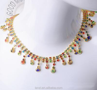 China Gold Colored Flatback Crystal Rhinestone Trim With Colored Stones And Chain For Sewing DIY Dresses Bags Shoes for sale