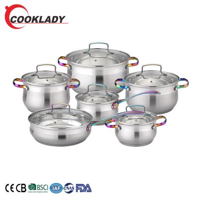 China Sustainable Hot Sale 12Pcs High Quality Non Stick Stainless Steel Rainbow Handle Waterless Cookware Set Pots for sale