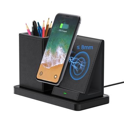 China Leather Wireless Charging Pen Holder Mobile Phone Desktop PU with QI Fast Wireless Charger Smart Phone for sale