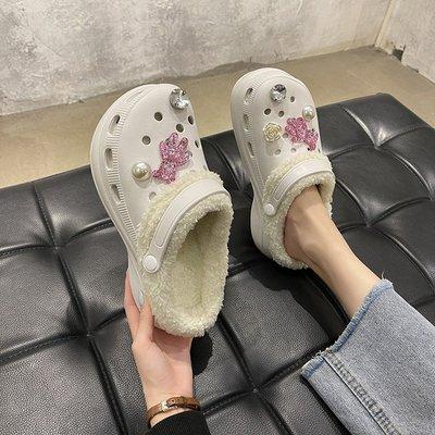 China CUSHIONING the latest two-piece toe cotton girl shoes women autumn and winter rhinestone hole shoes thick bottom slippers lined with cotton fleece for sale