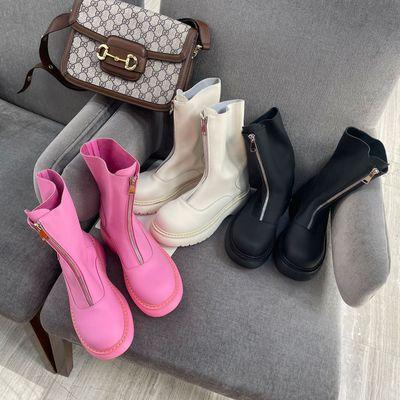 China 2021 Fashion Trend Mid Calf Tread Monochrome Sole Rounded Toe Ankle Booties Women Chunky Chelsea Boots for sale