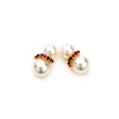 China Pretty TRENDY Double Pearl and Multiple Rhinestone Snowman Stud Earrings Christmas Earrings for sale