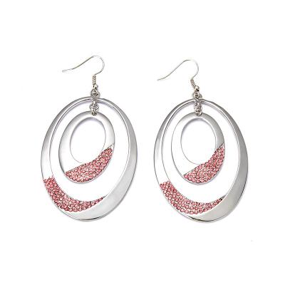 China TRENDY shiny rhodium plated double oval ring drop earrings with pink rhinestone rhinestone earrings for sale