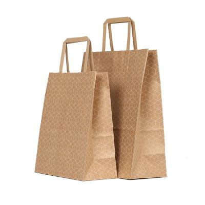 China Recyclable Wholesale Custom Logo Shopping Bag White Printing Flat Handle Takeaway Carry On Brown Kraft Paper Bag for sale