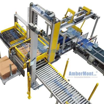 China Food Bag Cardboard Case Heat Shrink Wrapped Beverage Low Floor Level Gantry Palletizer With Lift for sale