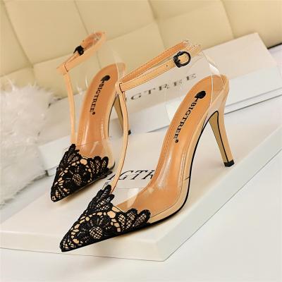 China Anti-Smell Stretching Woman High Heels Shoes Sling Back Pointed Toe Clear Block Heels For Woman And Ladies for sale