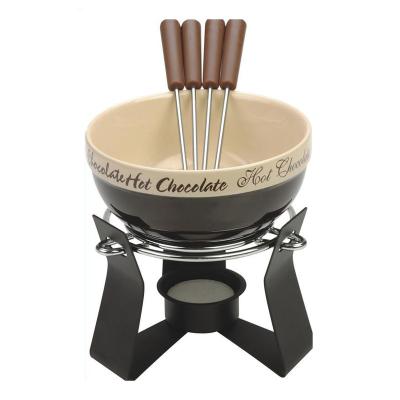 China HotsaleMini Sustainable Butter Cheese Warmer Set Mini Ceramic Fondue Set Chocolate Fondue Set with Fork and Candle Holder for sale