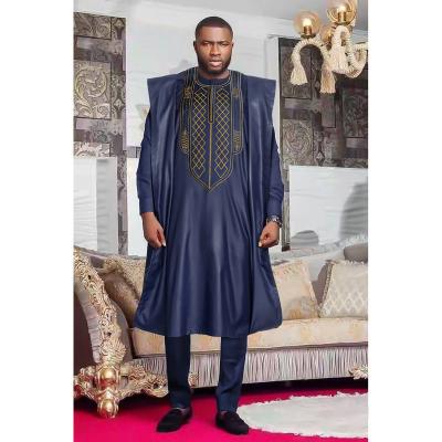 China Dashiki Clothing H and D African Suit for Men's Agbada Rich Bazin Embroidery Traditional Men's Long Dress 3 PCS for sale