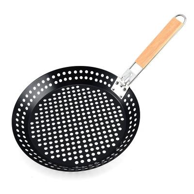 China General Use for Gas and Induction Cooker Outdoor barbecue stainless steel Non-Stick coating Grill Skillet with foldable wooden Handle for sale