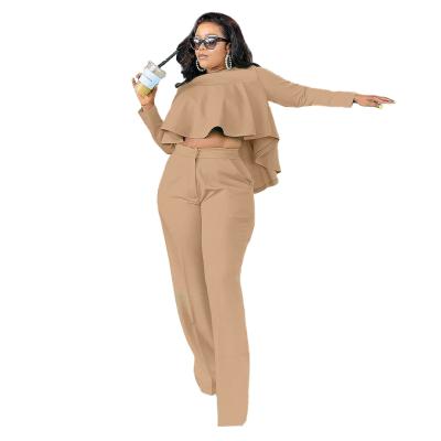 China Waterproof Short Front And Zipper Pocket Back Long Ruffled Straight Leg Pants Suit Two Piece Ladies Loungewear for sale