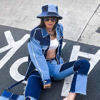 China Other Vintage Patchwork Denim Jacket Women Autumn Winter Long Sleeve Color Block Jeans Jacket Streetwear Female Casual Bomber Jackets for sale