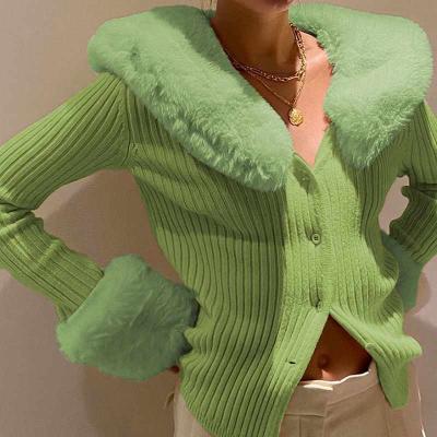 China Autumn Breathable Faux Fur Collar Knitted Sweaters Jacket Pure Color Fashion Fitted Women Cardigan Sweater for sale