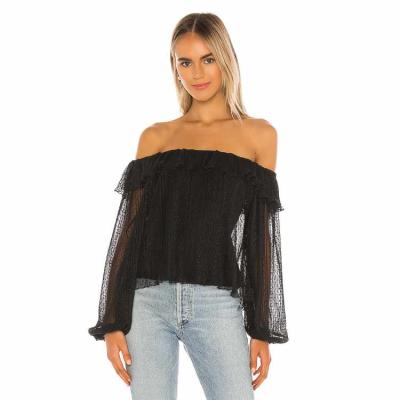 China Wholesale Dot Pattern Black Off The Shoulder Mesh Overlay Semi Sheer Long Sleeve Casual Blouse for sale