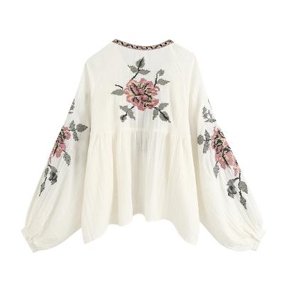 China Anti-pilling Beading Embroidered Hippie Chic Spring Top Lantern O-Neck Shirts Blouse Cardigan Vintage Tassel Long Sleeve Lace-up Blouses for sale