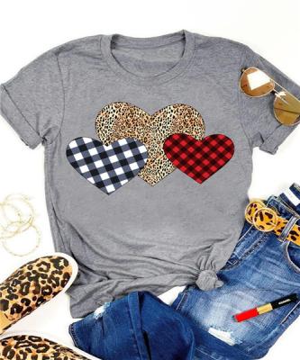 China Breathable Valentine's Day Women Tops Plaid Leopard Heart Print Stitching Pattern Around The Neck Short Sleeve T-Shirt for sale