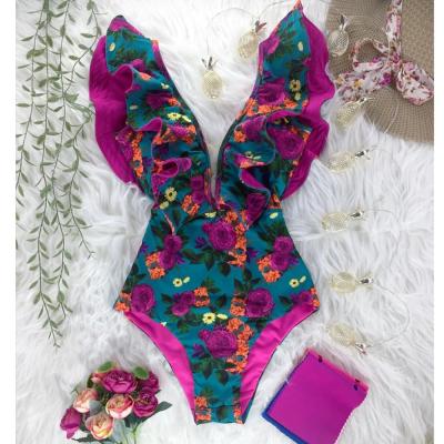 China 2021 Breathable New Printed Deep V Neckline Swimsuit Ruffled Backless One-Piece Bathing Suit Swimwear Beach Suit for sale