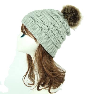 China COMMON Women's Winter Knitted Beanie Hat with Faux Fur Pom Warm Knit Skull Beanie for sale